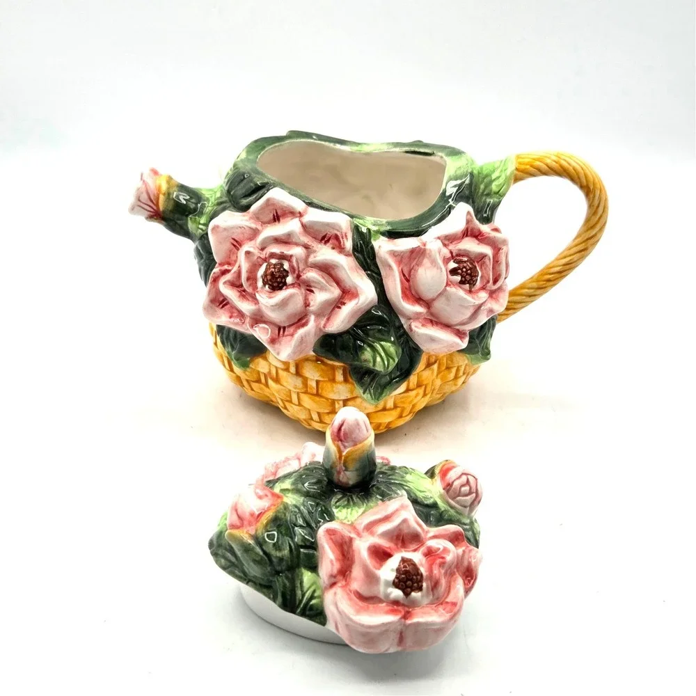 ASIA MASTER GROUP PINK ROSES IN BASKET CERAMIC TEAPOT W/ LID Cottage Core Granny